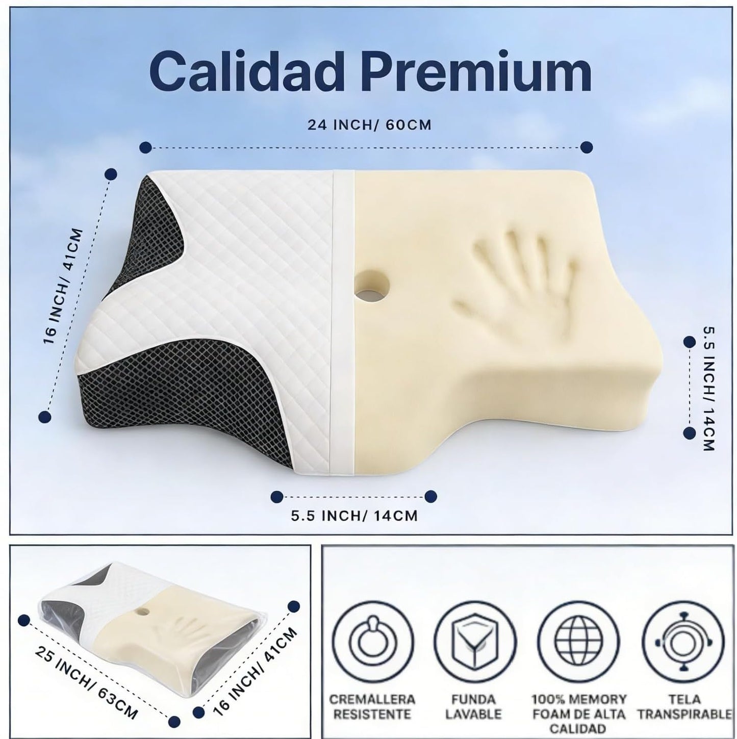 Almohada Cervical de espuma viscoelástica, 2 en 1